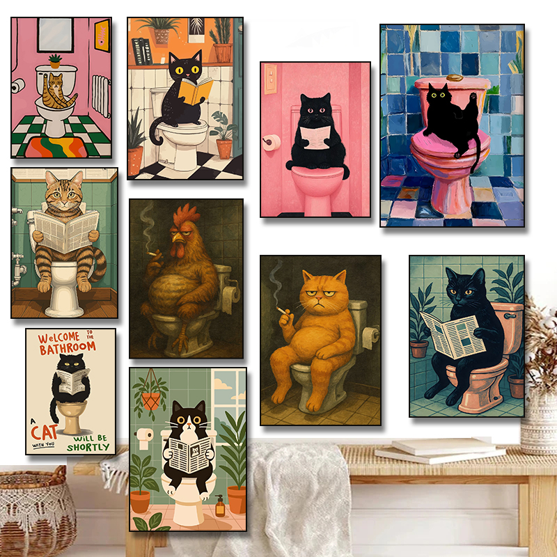 Resin Art Wall Decor - Funny Black Cat Reading on Toilet